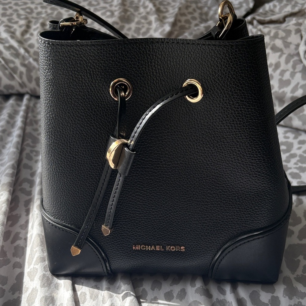 Michael Kors Black Bucket Backpack with Gold Accents